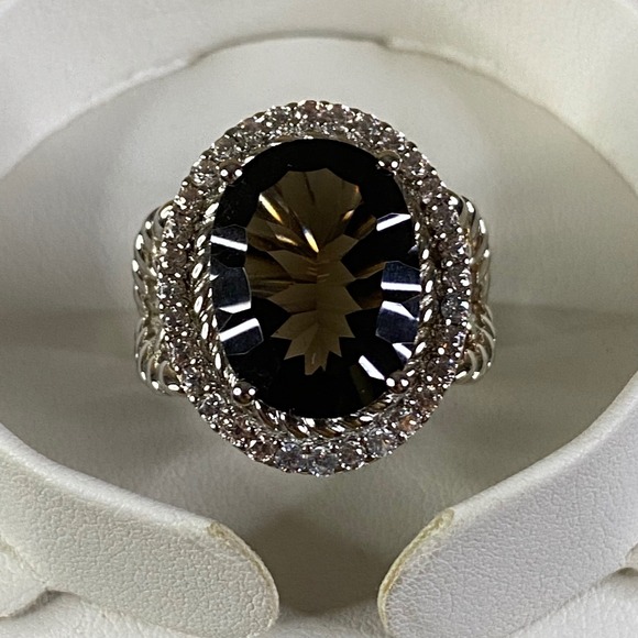 Smoky Quartz Sterling Silver Ring w/ White Zircon Halo Statement‎ Cocktail Sz 9 - Picture 2 of 7